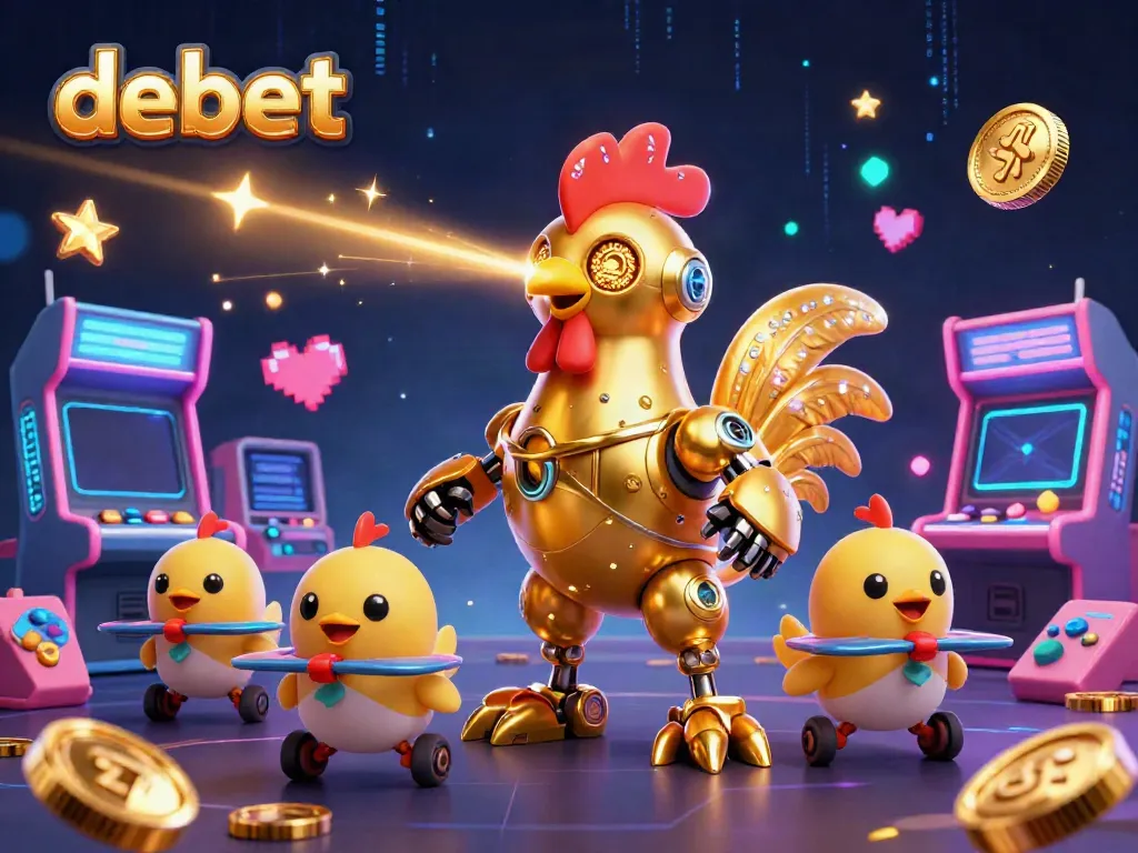 Engage with debet's thrilling gaming world featuring a golden rooster robot and vibrant casino elements.