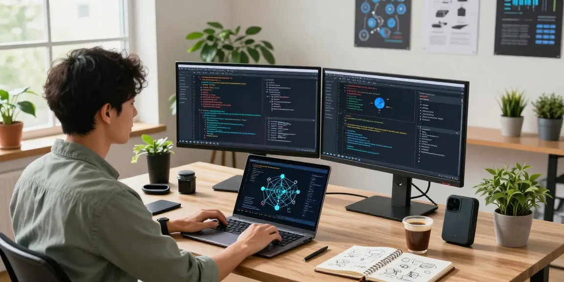 Workspace showcasing Web3 development with monitors displaying blockchain coding, vibrant office light, and tech gadgets.