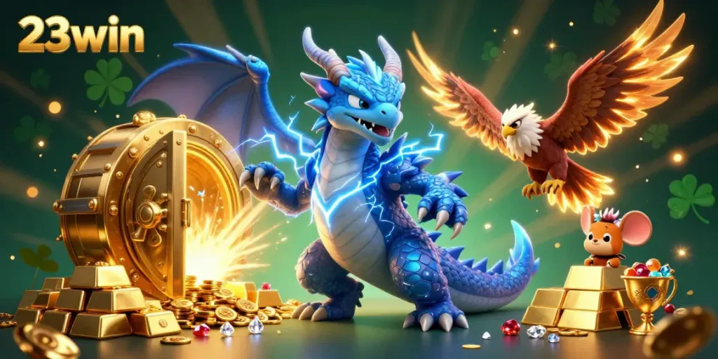 Experience thrilling games with 23win's captivating characters in a golden treasure-filled casino.