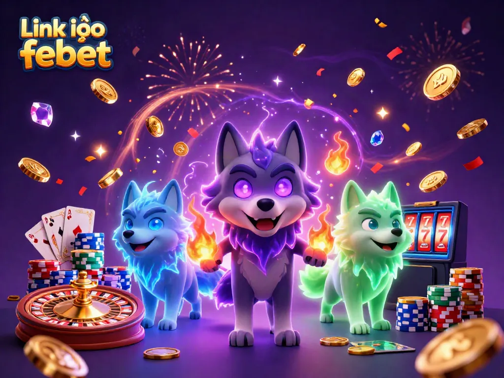 Link vào febet showcases vibrant casino action with magical wolves and sparkling gems.