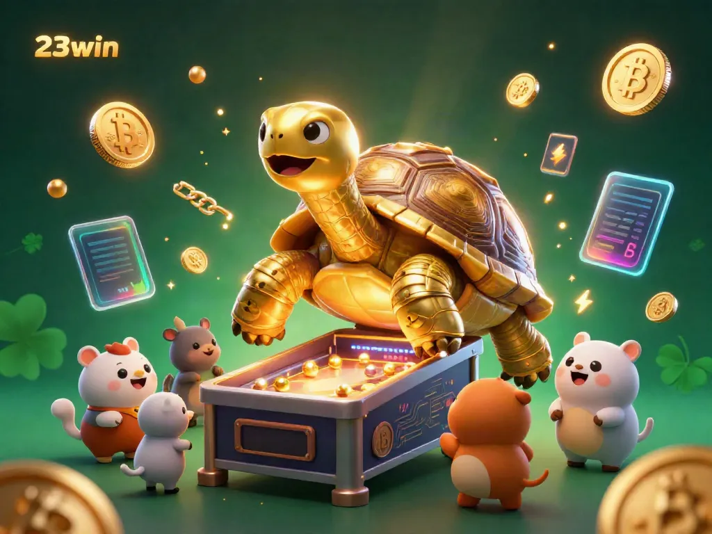 Spin and win on 23win with a lively golden tortoise pinball machine and vibrant crypto elements.