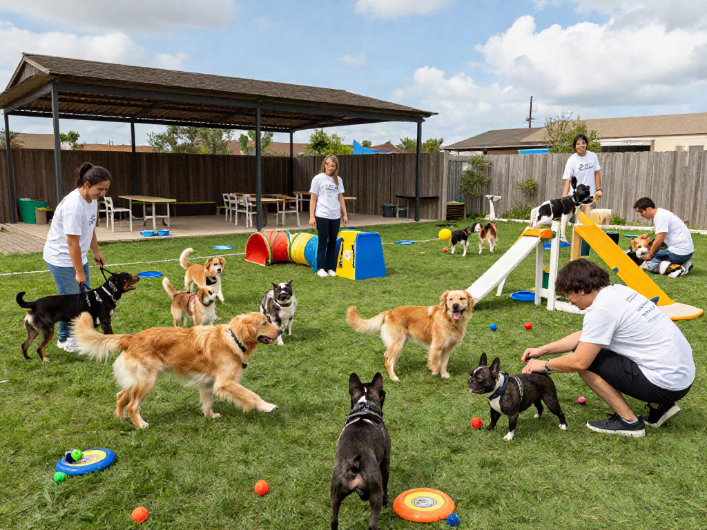Playful dogs at daycare enjoying the outdoor space with staff, featuring depo 10k care for pets.