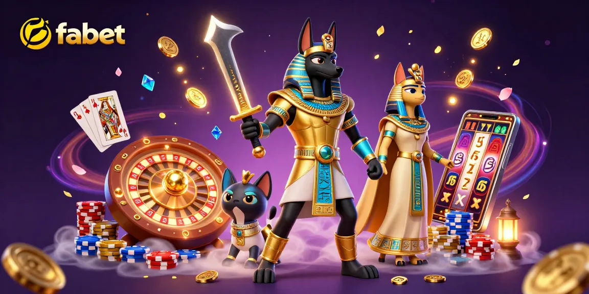 Experience the excitement of fabet with Anubis and Bastet amidst dynamic casino elements.