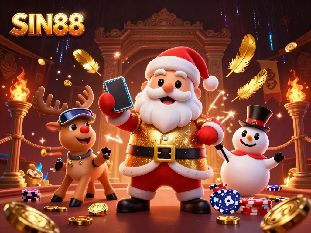 SIN88 brings excitement with a colorful 3D scene of Santa and friends showcasing jackpot slots in a lively casino atmosphere.