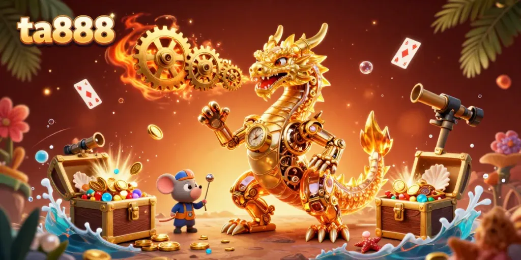 Engage with ta888's dynamic casino adventure featuring a biomechanical dragon surrounded by treasure and game elements.