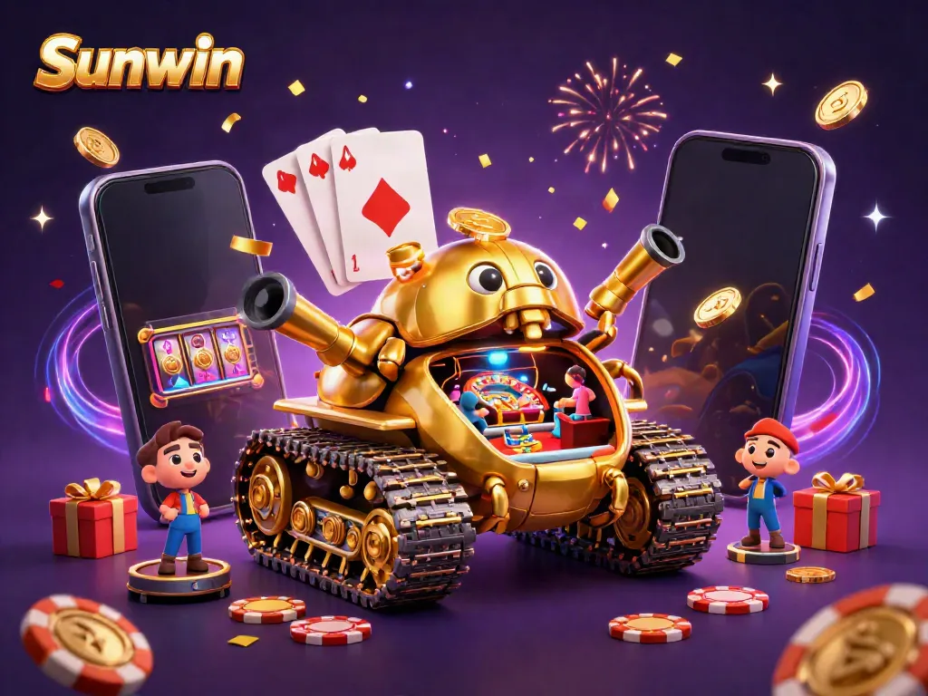 Experience Sunwin in a vibrant 3D casino scene bursting with energy, confetti, and golden coins.