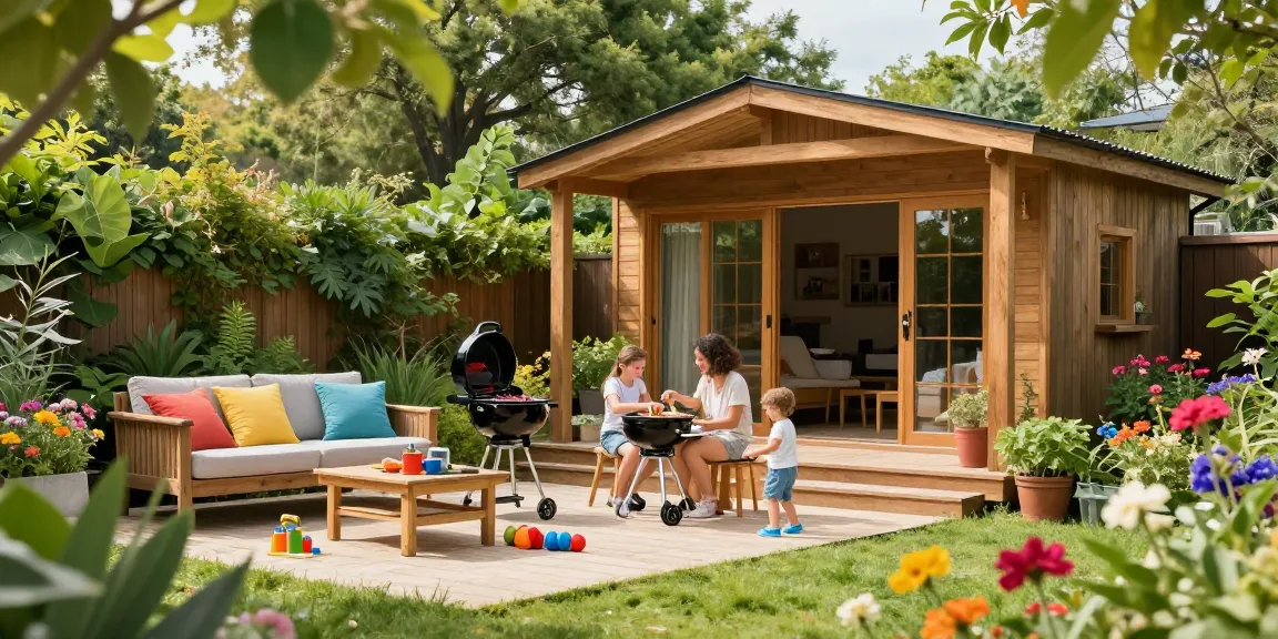 Schönes Gartenhaus umgeben von Blumen und spielenden Kindern im Garten.