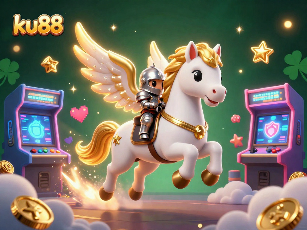 Experience ku88's vibrant gaming world with a celestial knight and arcade machines in a dynamic 3D illustration.