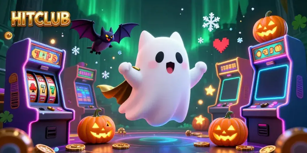 Experience exciting gameplay with the HITCLUB ghost cat and VIP bat in a vibrant casino setting.