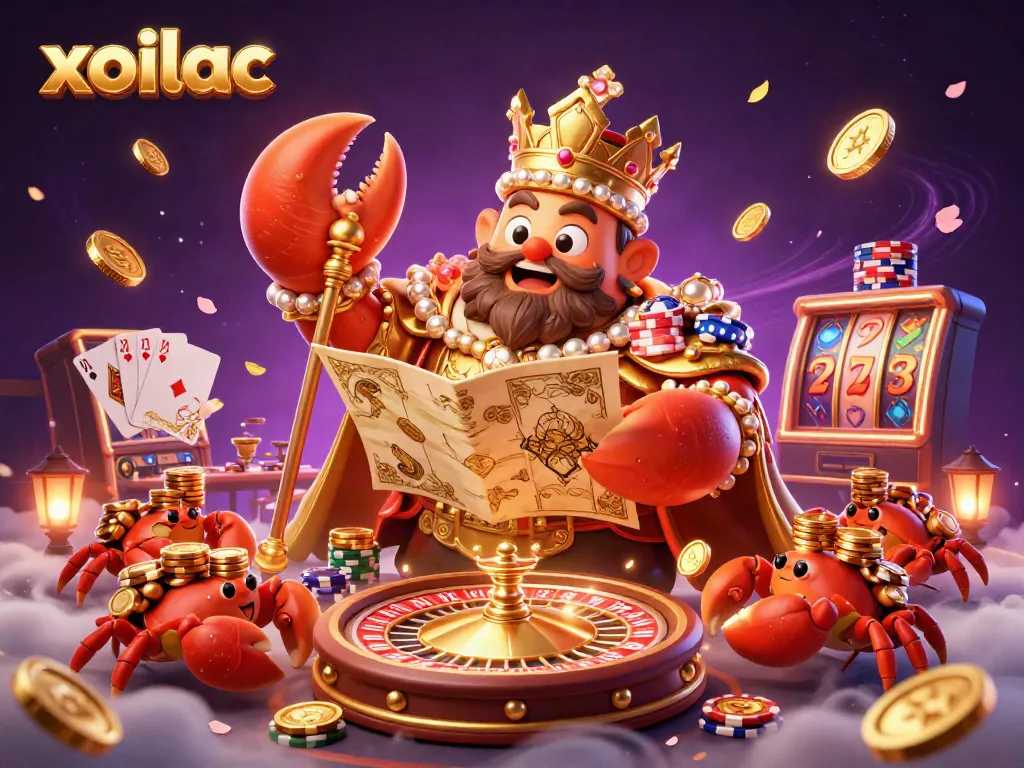 Xoilac offers a vibrant gambling scene with a golden crab emperor, spinning roulette, and sparkling gems.