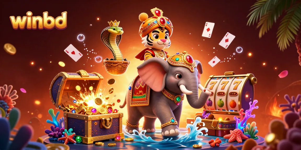 Winbd players explore a vibrant casino landscape with slot machines and treasures.