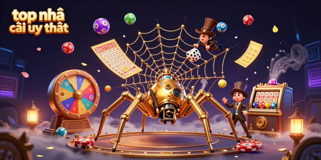 Experience the thrill of top nhà cái uy tín with exciting games and vibrant prizes in this dynamic casino illustration.