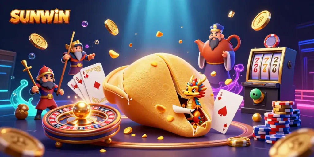 SUNWIN showcases fortune cookies and vibrant elements of a casino in this dynamic illustration