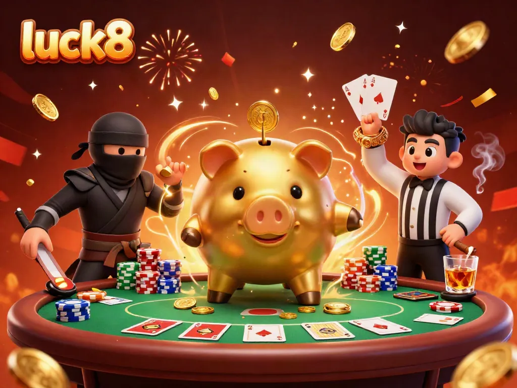 Experience the thrill of luck8 with an exciting casino showdown featuring a golden piggy bank wrestler and characters in vibrant gaming action.