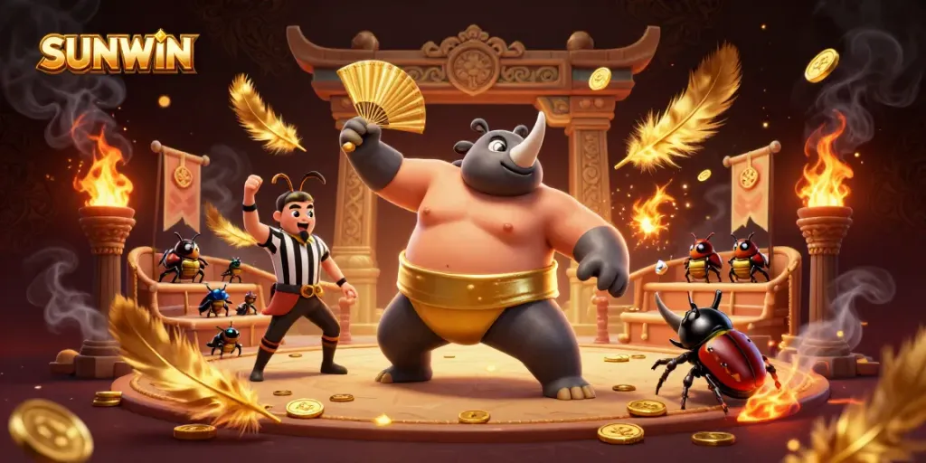 Experience the excitement of SUNWIN gaming with our 3D illustration featuring a rhinoceros beetle sumo champion amid gold coins.