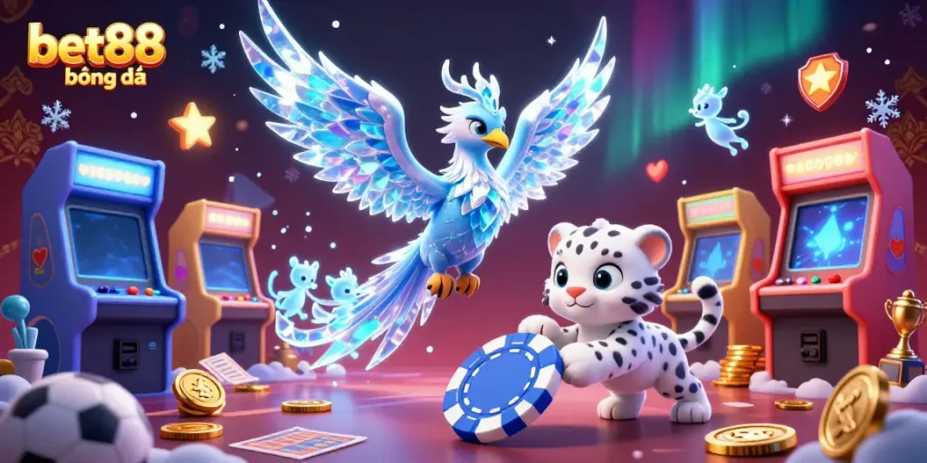 Engage with bet88 bóng đá in a vibrant 3D illustrated scene featuring a lively ice phoenix, playful leopard, and dynamic betting elements.
