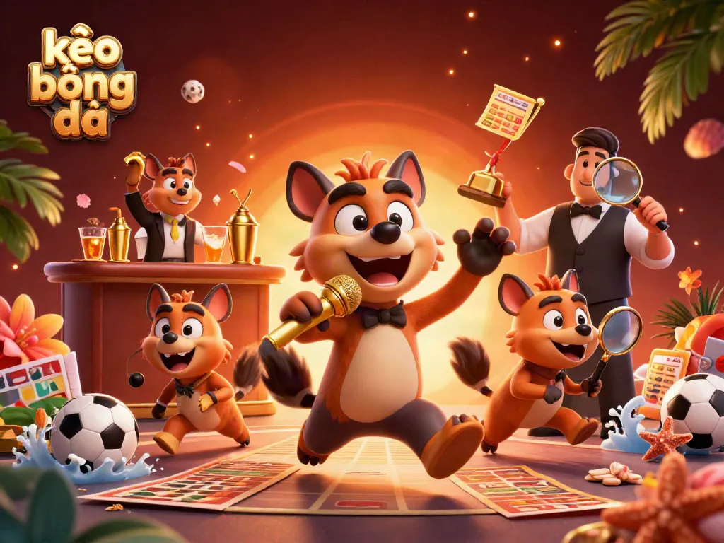 Engage in kèo bóng đá with a lively 3D cartoon scene of hyenas in a sports betting casino.
