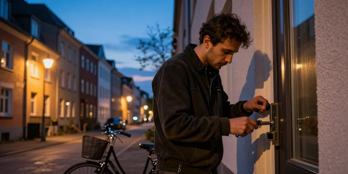 Schlüsseldienst Hamburg - Professioneller Schlüsseldienst öffnet eine Tür in Hamburg bei Abenddämmerung.