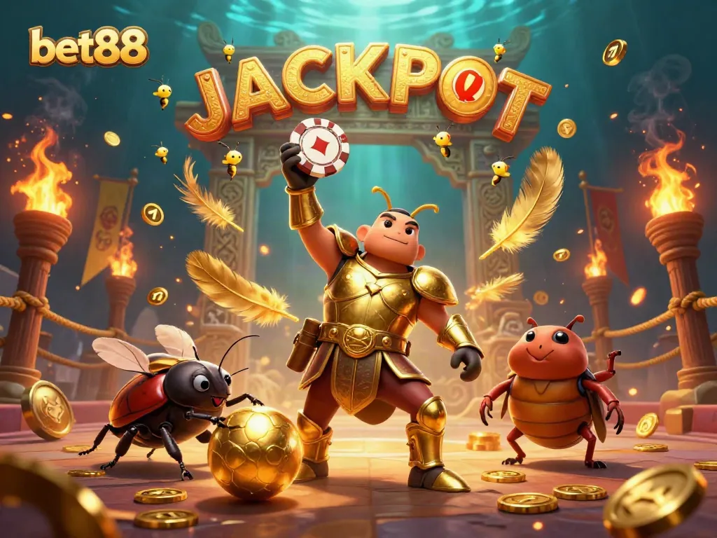 Bet88 features a victorious beetle in golden armor amidst casino elements celebrating a jackpot.
