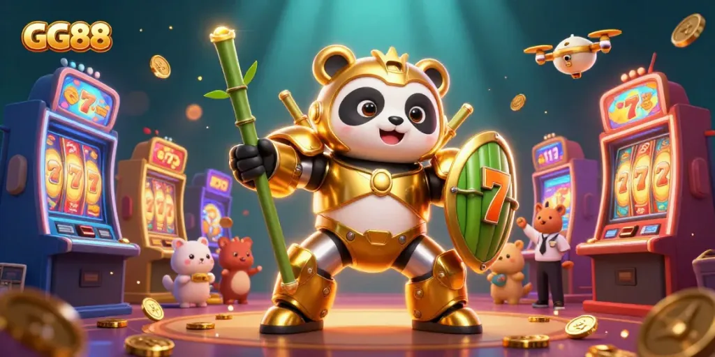 Experience the excitement with GG88 as characters engage in thrilling slot action amidst a vibrant casino backdrop.