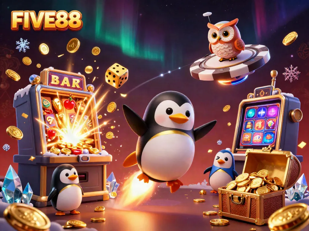 Experience excitement and winning rewards at FIVE88 with a colorful casino illustration featuring a dynamic golden penguin.