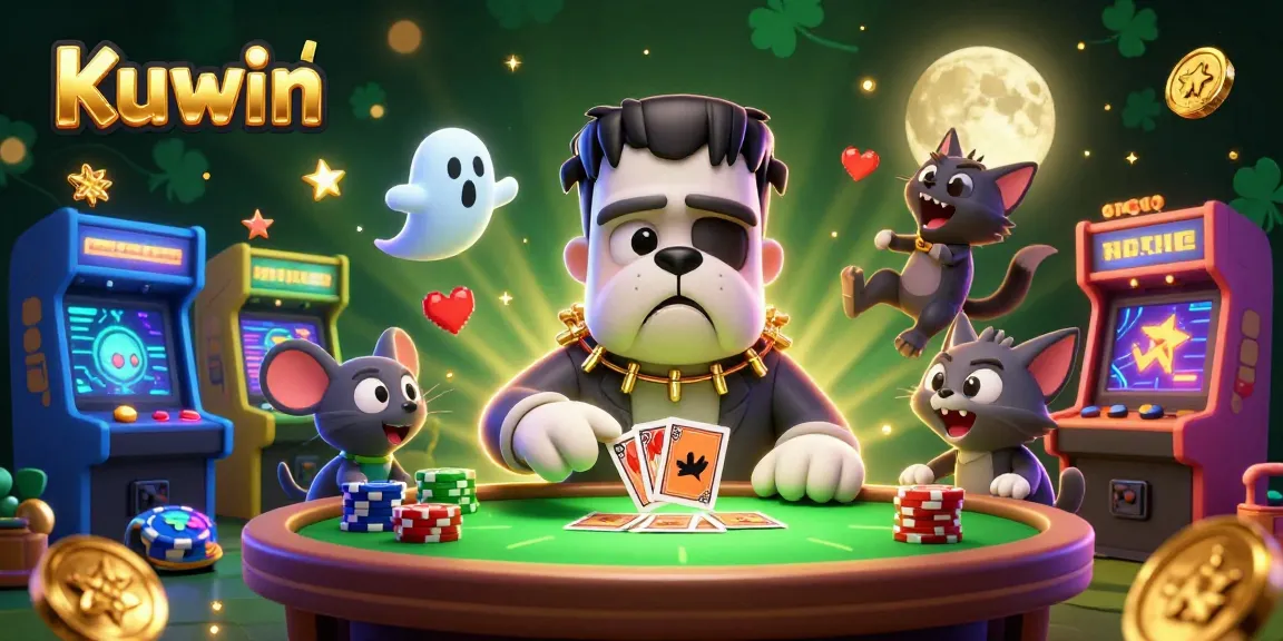 Kuwin showcases fiery casino action with a monster dealer and spooky elements in a 3D illustration.