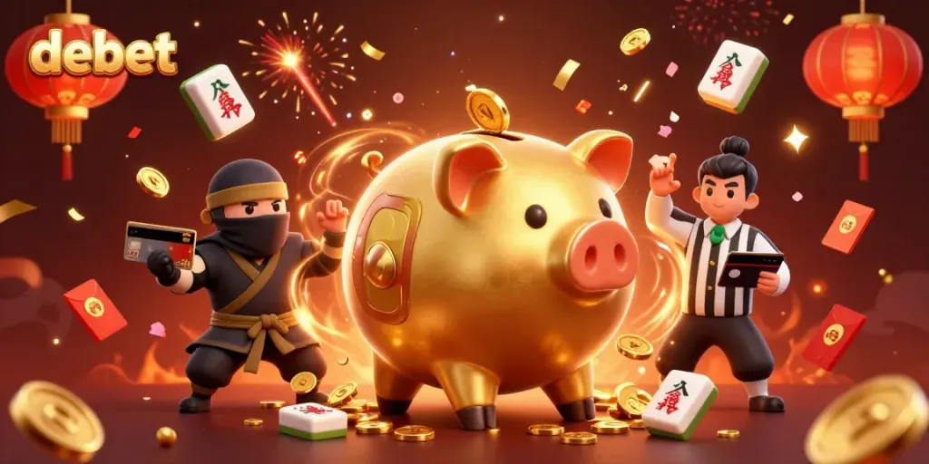Experience thrilling wins with debet as a golden piggy bank battles in a vibrant casino world.
