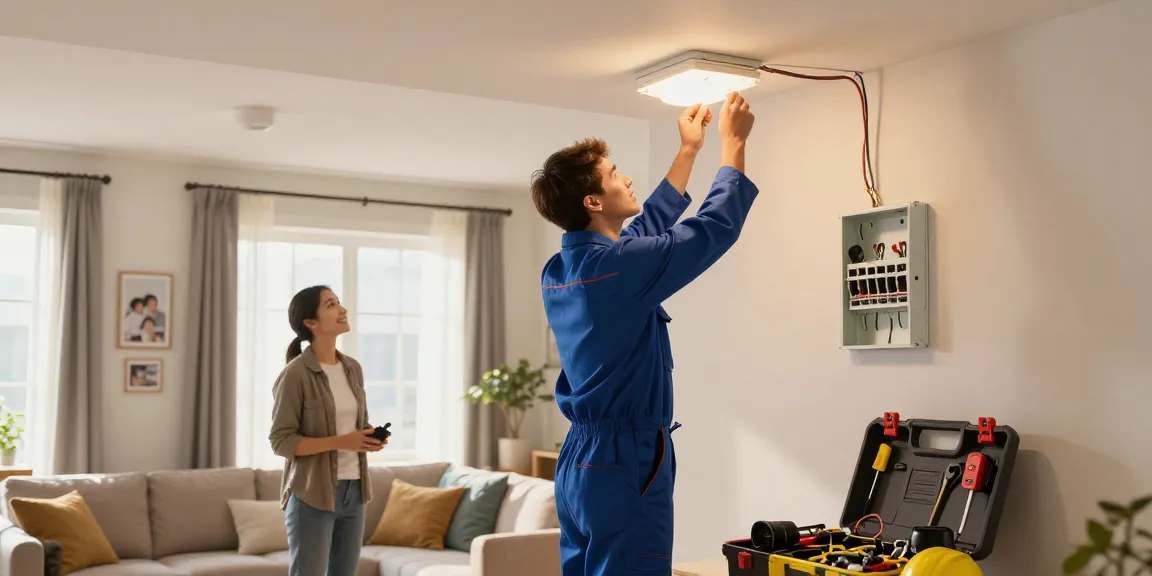 Elektriker in Dortmund und Umgebung installiert neue Lampen in einem Wohnraum.