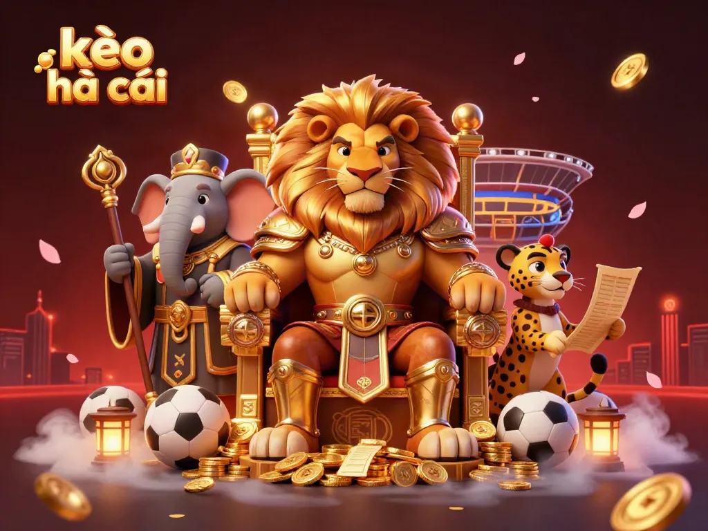 Experience thrilling sports betting with kèo nhà cái, featuring king lion, wise elephant, and quick cheetah in a vibrant scene.