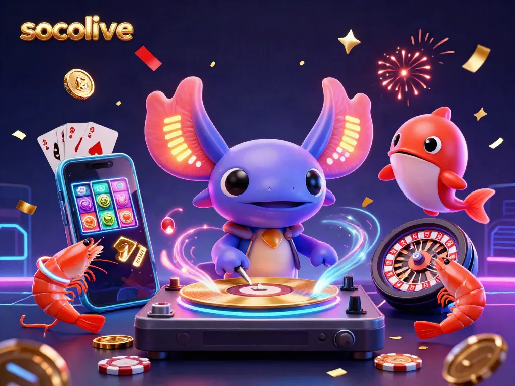 Socolive showcases vibrant gameplay with a colorful axolotl DJ and dynamic casino elements.