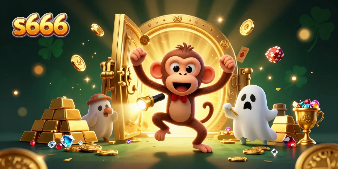 Experience s666's animated casino charm with a playful poltergeist monkey and hunter pup in a golden treasure scene.