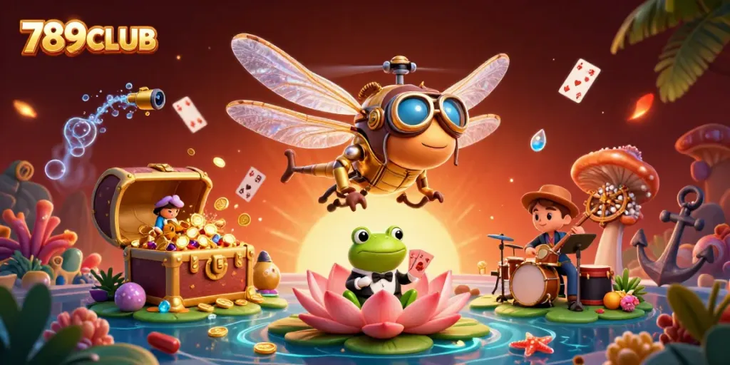 Engage in thrilling games at 789CLUB with the dragonfly pilot at a lively lily pad casino scene.