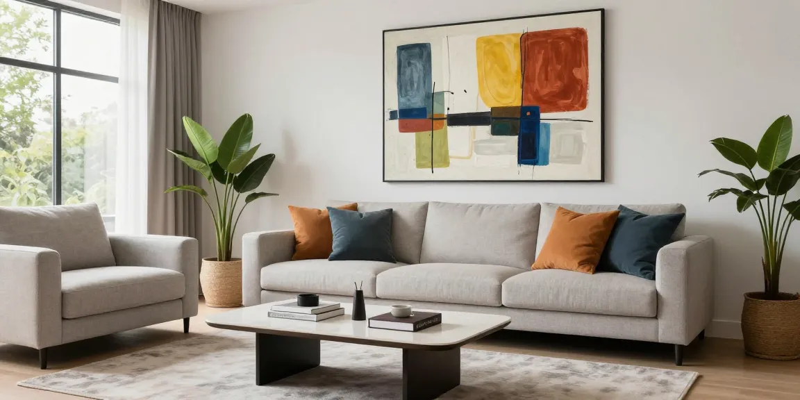 Moderne Wandbilder im stilvollen Wohnzimmer mit großen Kunstwerken und eleganten Möbeln.