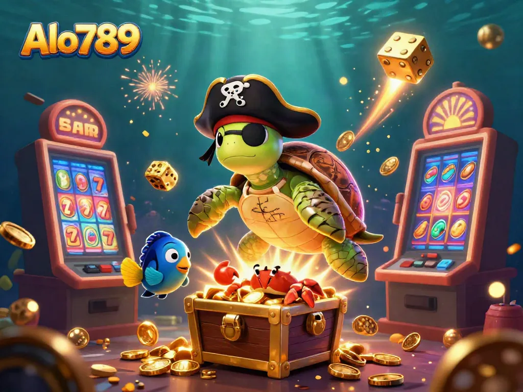 Alo789 showcases a pirate turtle with friends over treasure amidst a vibrant casino theme.