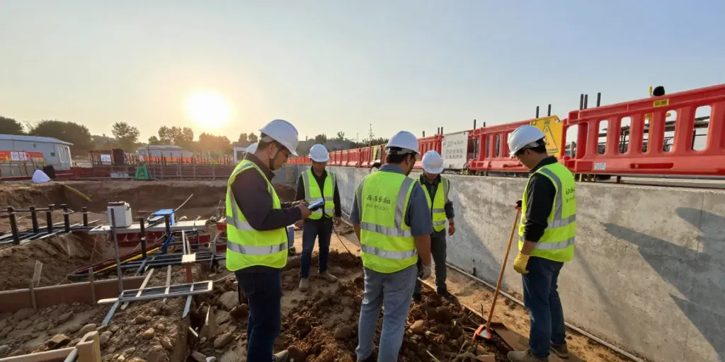 Baugrubensicherung auf einer Baustelle mit Ingenieuren und Sicherheitsausrüstung.