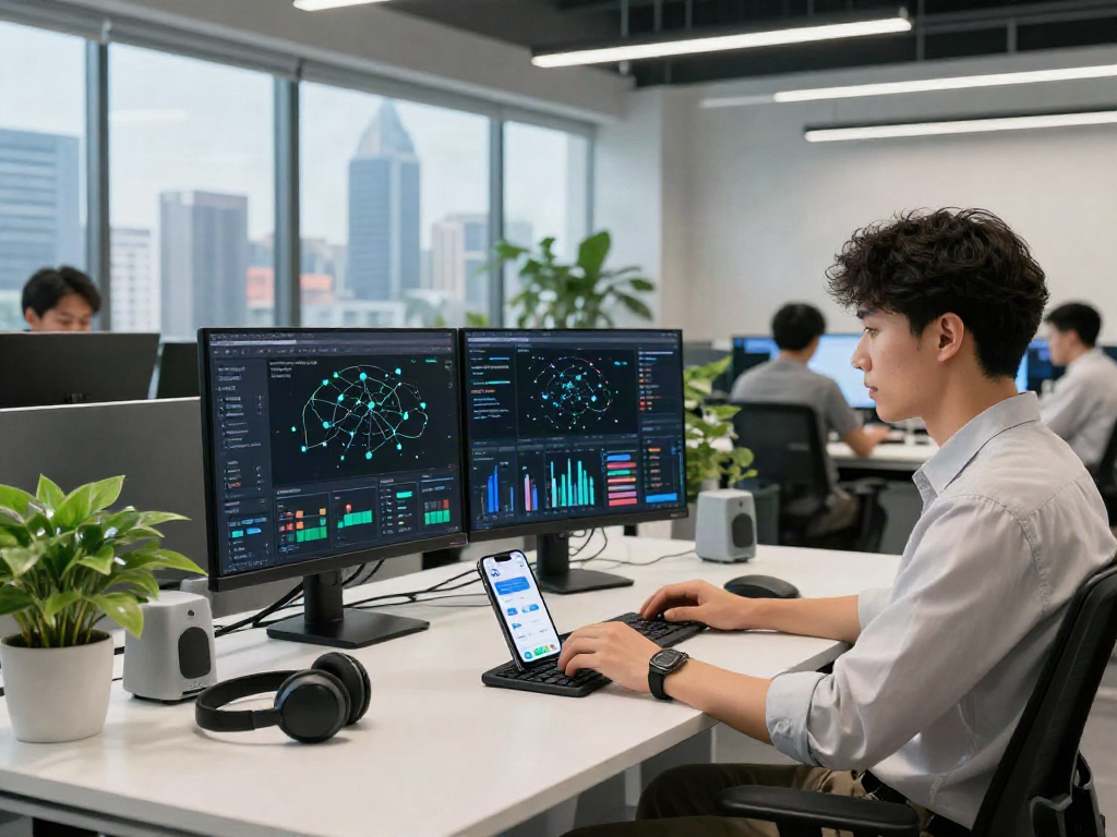 现代科技工作环境中展示快连功能的数字连接场景，专业人士与数据分析互动。