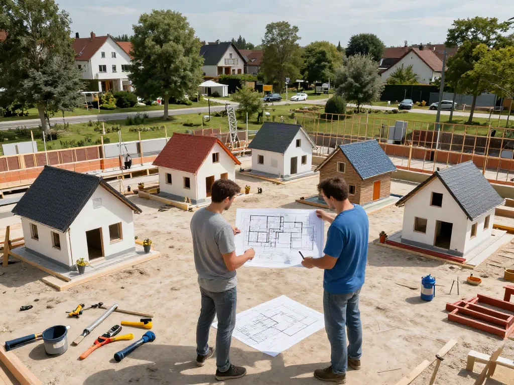 Hausbau Wien - Bauarbeiter prüfen Pläne für Einfamilienhäuser in Wien.