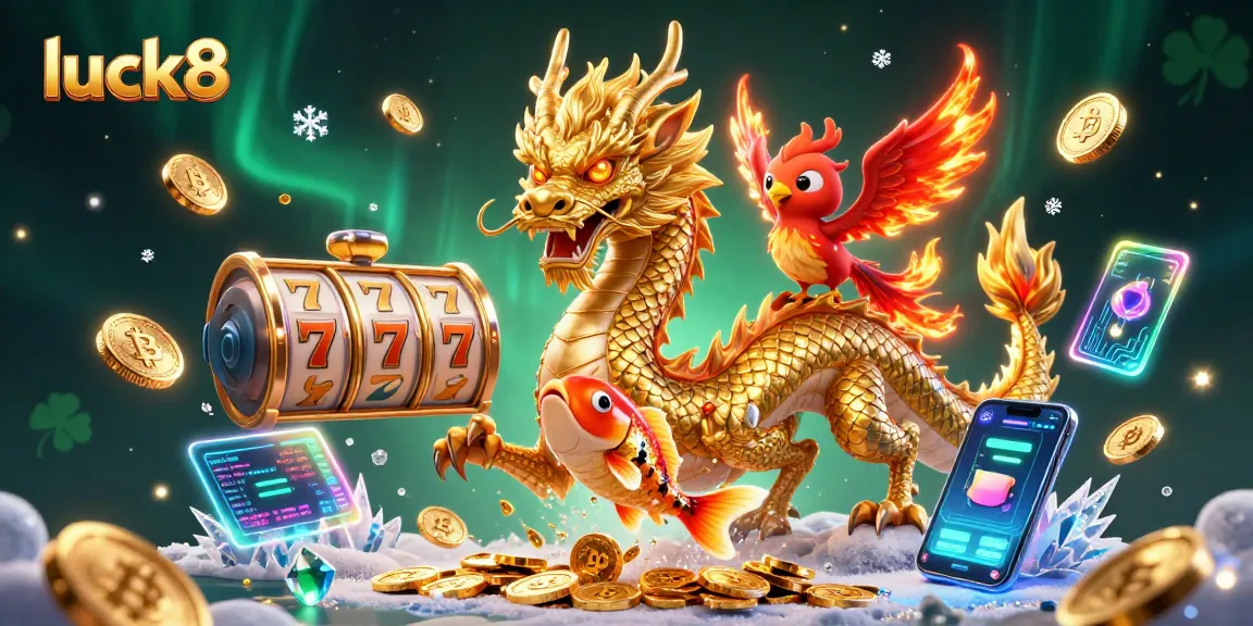 Experience dynamic winning with luck8 as a golden Chinese dragon, phoenix, and koi fish surround vibrant casino elements.