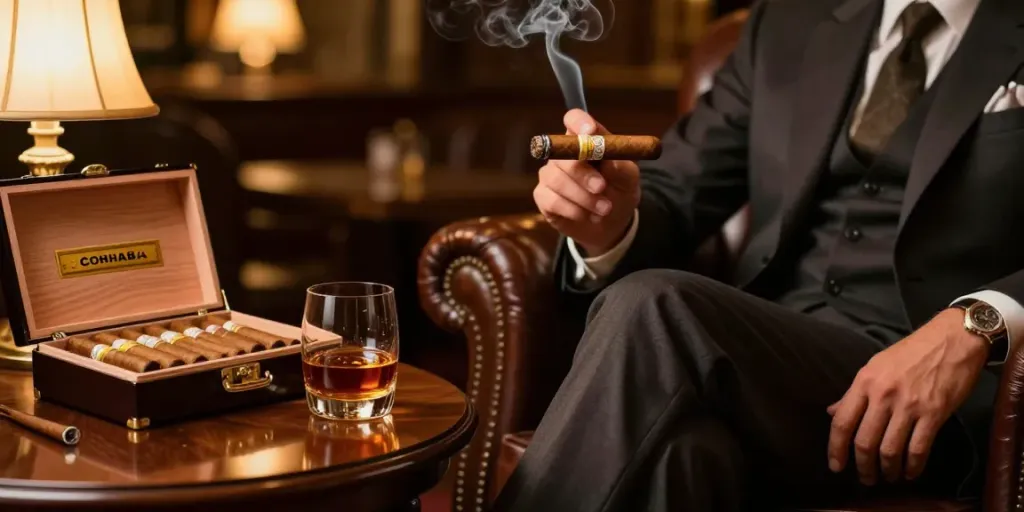 Cohiba Zigarren im stilvollen Ambiente mit Rum und Humidor, eleganter Genussmoment