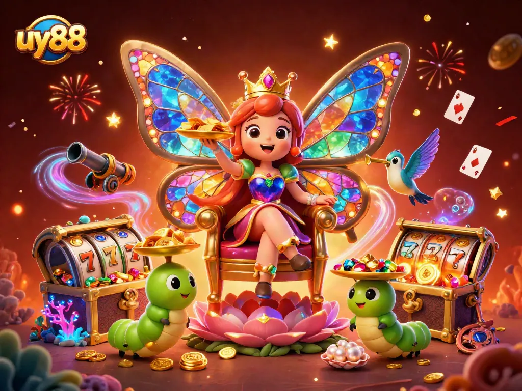 Experience excitement with uy88's vibrant casino world featuring the butterfly queen and dynamic game elements.