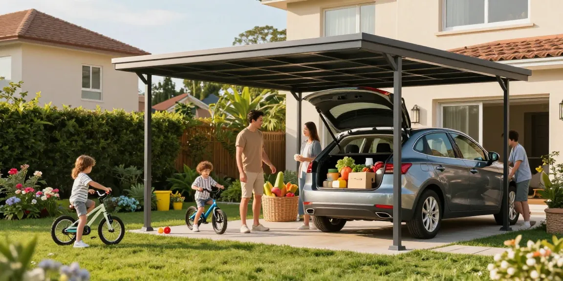 Familie unter einem Carport im Garten, entspanntes Ambiente mit Spielzeug.