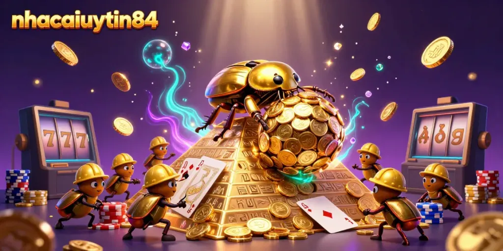 Experience the thrill of entertainment with nhacaiuytin84, showcasing a vibrant 3D scene of golden coins and casino symbols.