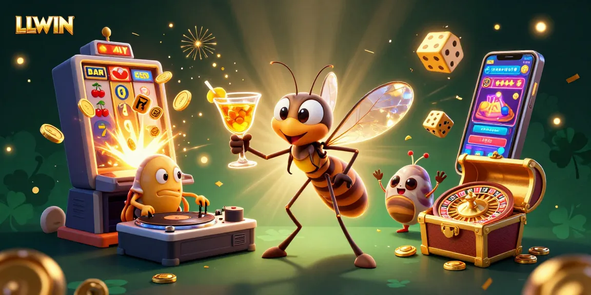 LLWIN casino illustration showcasing a mosquito mascot, trilobite DJ, and ammonite roulette wheel amidst dynamic game elements.