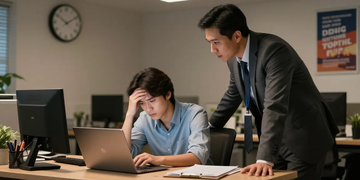 Stress mit Chef im Büro: Angestellter am Schreibtisch unter Druck, Manager gibt Feedback.