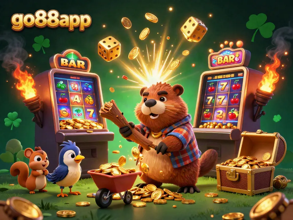 Experience the excitement of go88app with a lively casino-themed 3D illustration showcasing a lumberjack beaver and friends.