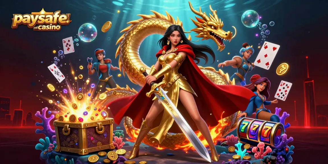 Treten Sie der Action in einem Paysafe Card Casino bei, mit einer Kriegerkönigin mit einem goldenen Schwert und einem Drachen, umgeben von schillernden Casino-Elementen.