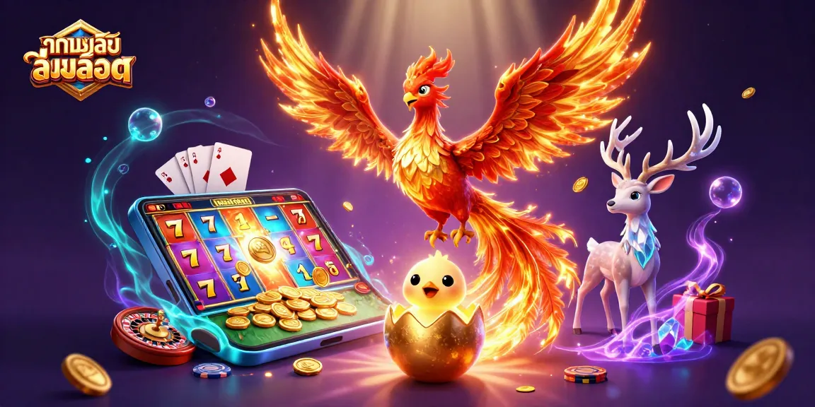 Try ทดลองเล่นสล็อต with golden phoenix and gaming elements in a vibrant casino-themed illustration.