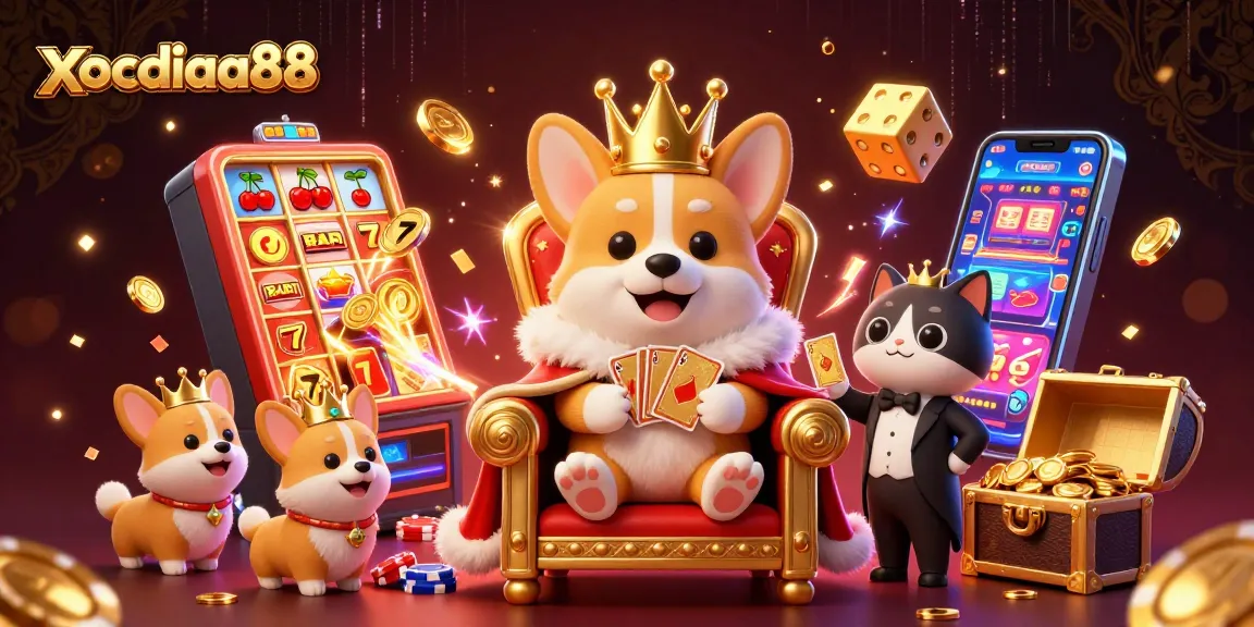 Play exciting games at xocdiaa88 with a royal corgi and a cat butler in a vibrant casino scene.