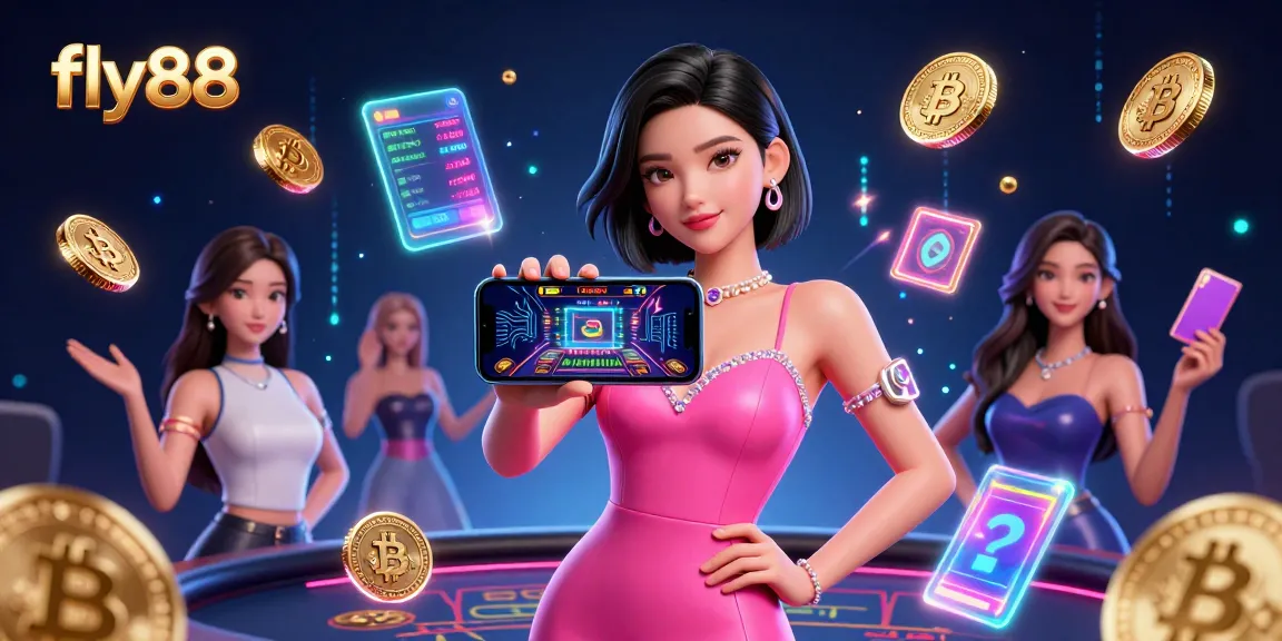 Experience dynamic gameplay with fly88, featuring a stylish Asian woman interacting with a live casino game on her smartphone.