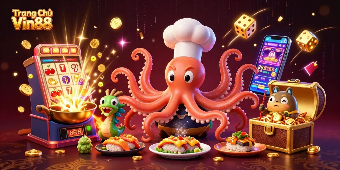 Engage with the vibrant world of Trang Chủ Vin88, showcasing an octopus chef, dragon, and tanuki in action.